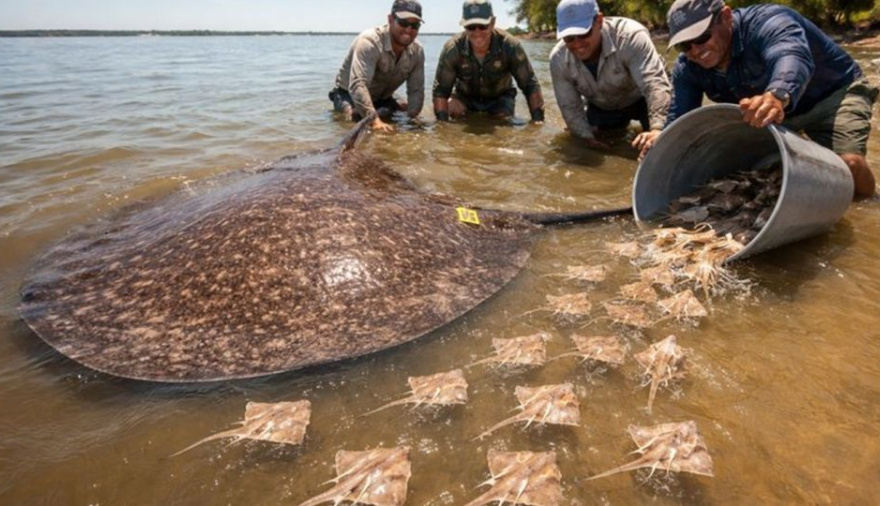 Capturaron una raya gigante que dio a luz a 16 crías antes de volver al agua