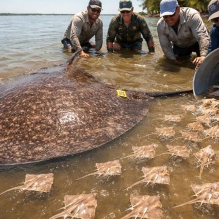 Capturaron una raya gigante que dio a luz a 16 crías antes de volver al agua